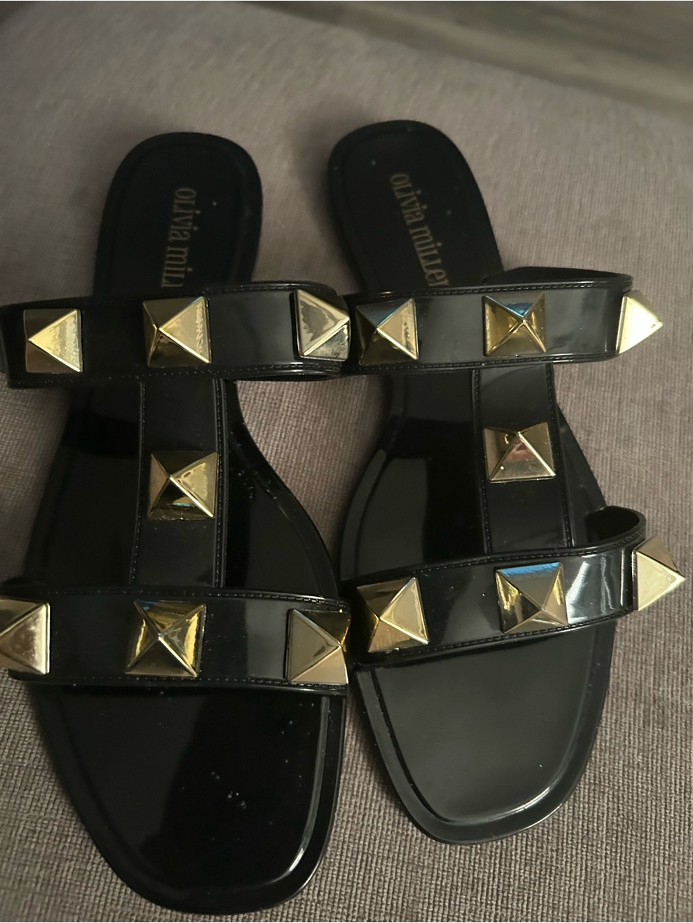 Olivia Miller Black Patent Slide Sandals with Gold Pyramid Studs